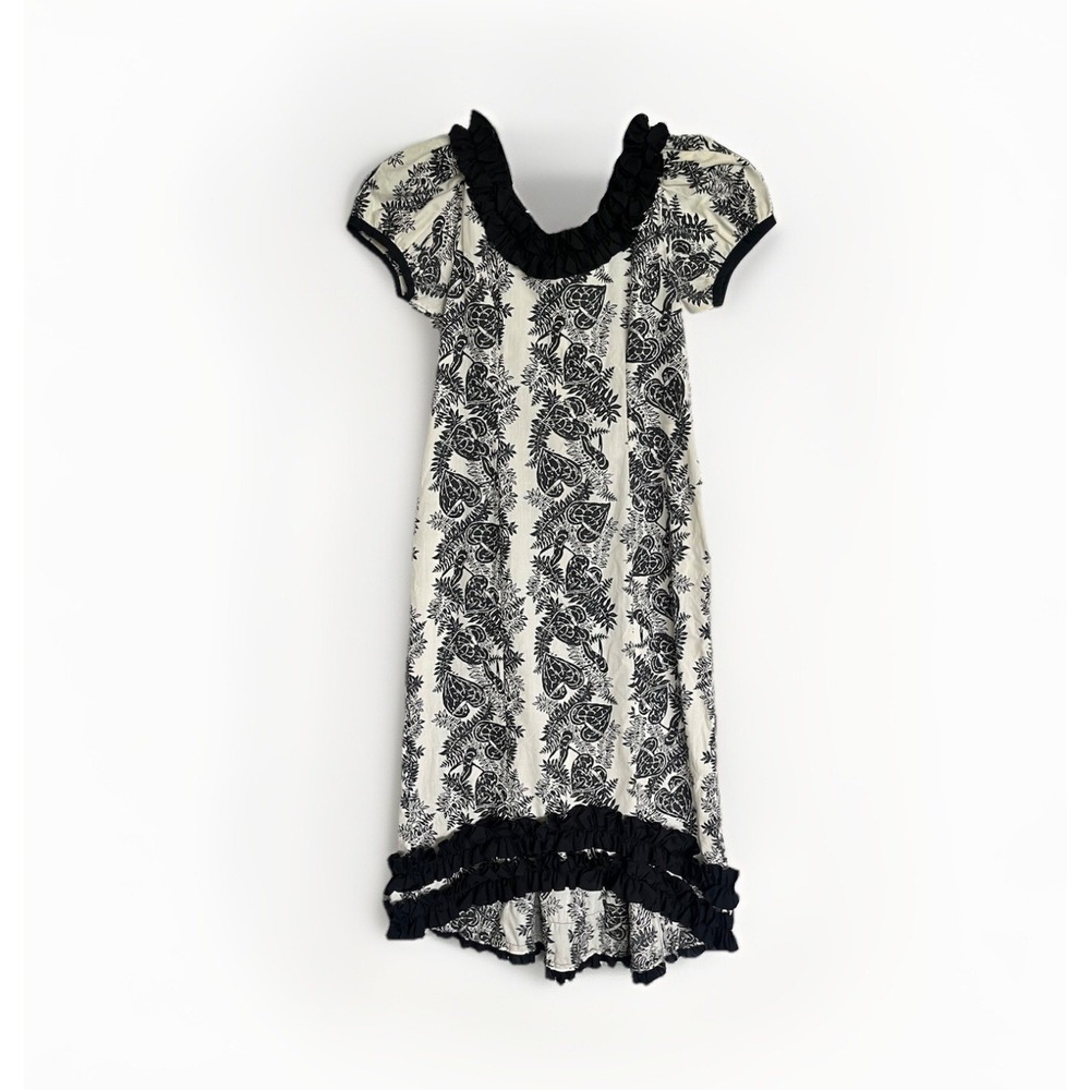 VTG MuuMuu Apparel Dress Hawaiian Black & White Tropical PEACE LILY Ruffle Trim
